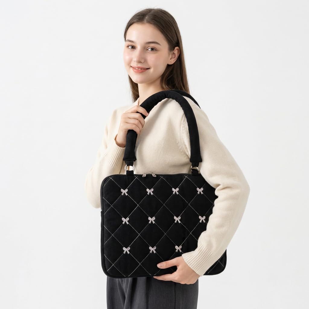 Quilted Bow Laptop Sleeve for Women Cute Puffy Laptop Case 13-15 Inches Computer Bag Suitable for MacBook (Black, 13inch)
