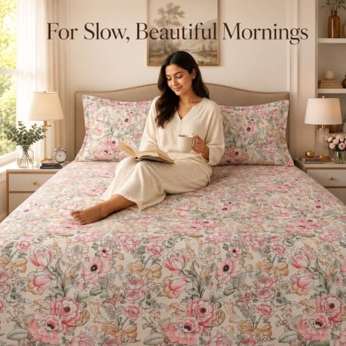 Image of BSB HOME 240 TC Cotton King Size Bedsheet, Premium Soft Breathable Floral Printed Double Bed Sheet, Bed Cover for Bedroom, Durable Bedding, 90 x 100 Inches (229 x 254 cm) - Warm Cream