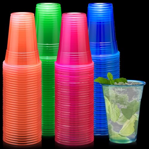 LemonRoad 16 oz 50 Pack Blacklight Party Glow Cups Plastic Neon Cups Disposable Glow in the Dark for Parties Birthdays 80s Themed Events (Multicolor)