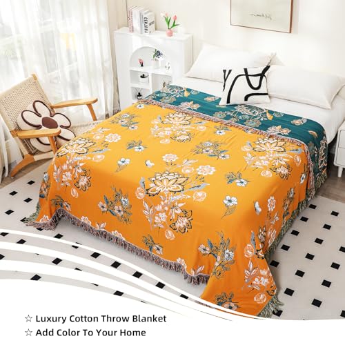Boho Large Throw Blanket, 100% Organic Cotton Breathable Soft Bed Throw - Floral Bird Farmhouse Decor Blanket for Sofa Couch Chair Quilt and Gift. (Flower-Art, 80" x 90")
