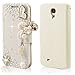 EVERMARKET(TM) 3D Bling Glitter Rhinestone Pearl Diamond Heart I Love You Wooden Case with Flower Rose Book Wallet Stand Map Crystal Pendant PU Leather Case Cover for Samsung Galaxy S4 i9500 - White