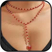 Goth Black Red Crystal Beaded Lariat Necklace Long Teardorp Layered Chain Chokers Y Shaped Necklaces Vintage Gothic Y2k Punk Jewelry Accessories for Women