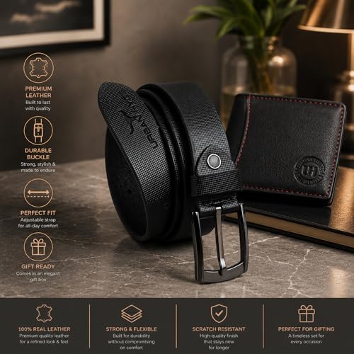 Image of URBAN HYDE Premium Genuine Leather Belt & Thread Work | Wallet Combo for Men | Leather Wallet and Belt Gift Set | Stylish Men Leather Combo Gift for Birthday, Anniversary & Office | Black