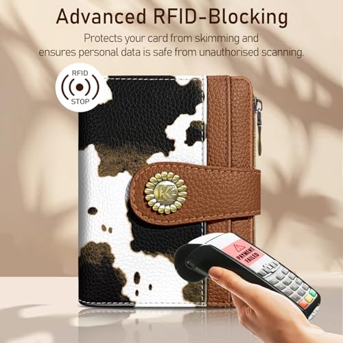 Image of Kelvoris Cow Print Brown Small Rfid Women Wallet Bifold Zipper Coin Pocket | PU Leather Compact Cash Credit Card Holder Travel Purse for Female Ladies Teen Girls 1 ID Window 10 Card Slots