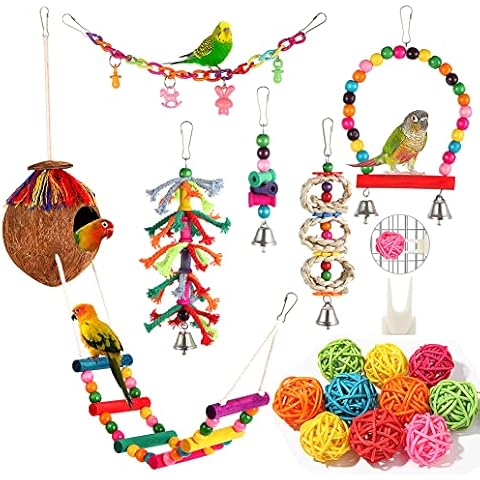 Bird Toys 17 Pcs Bird Parakeet Swing Chewing Hanging Toys Climbing Ladder Coconut Bird Cage Toys Suitable for Cockatiels,Conures,Finches,Budgie,Love Birds Cover