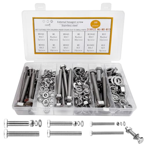 Jeu de Vis Boulons et Écrous, Vis et Ecrou M6 M8 M10 168 PCS Kit, Vis Boulon et Écrous et Rondelles Set, Ensemble de Vis à Tête Hexagonale Extérieure 304,...