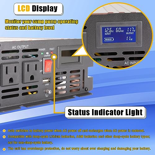 Dnshorix 1500W Sump Pump Battery Backup Power System With Lcd Display For Emergency And Power Outage thumb #3
