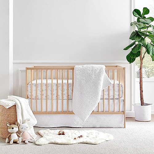 Image of Levtex Baby - Mills Waffle Crib Bed Set - Baby Nursery Set - White - White Textured Waffle - 4 Piece Set Includes Quilt, Fitted Sheet, Dust Ruffle and Rope Basket