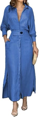 Womens Dressy Casual Long Sleeve Maxi Shirt Dress V Neck Button High Waisted Irregular Slit Hem Dresses with Pockets