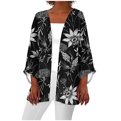 Spring Cardigans for Women 2025 Floral Printed Casual Loose Cardigans 3/4 Sleeve Hide Belly Open Front Cardigan