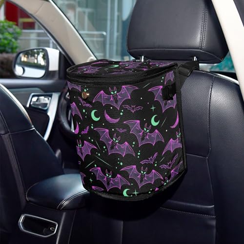 Image of MNSRUU Car Trash Can with Lid, Neon Purple and Bats Stars and Moons Car Trash Bag Hanging Organizers and Storage for Front Back Seat, Leak-Proof Trash Bin