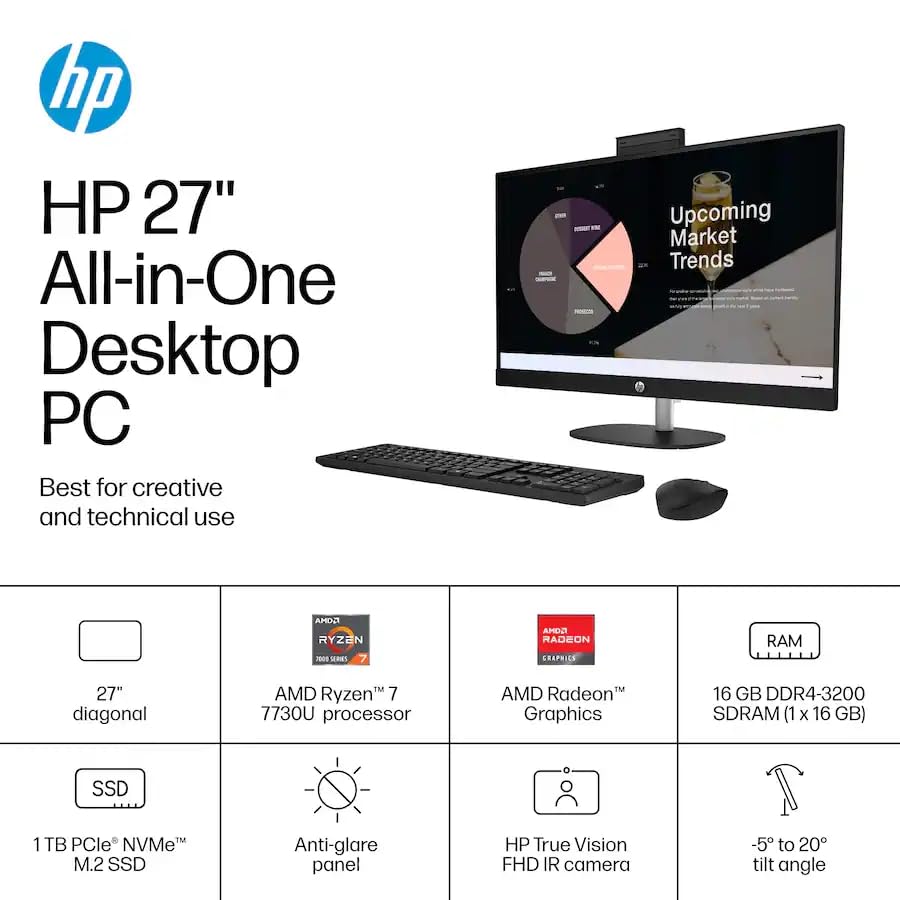 Image of HP 27 inch Touchscreen All-in-One Desktop Computer, AMD Ryzen 7 7730U