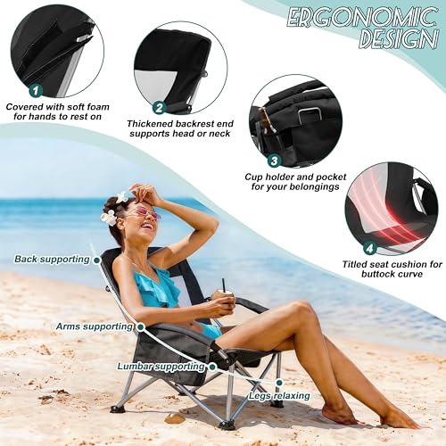 Image of HaSteeL Low Beach Chairs for Adults, Lightweight Camping Folding Chair with Carrying Bag, Portable for Outdoors Lawn Backyard Patio RV Trip Fishing Sport Tailgating, Support 300LBS, Black, 2 Pack