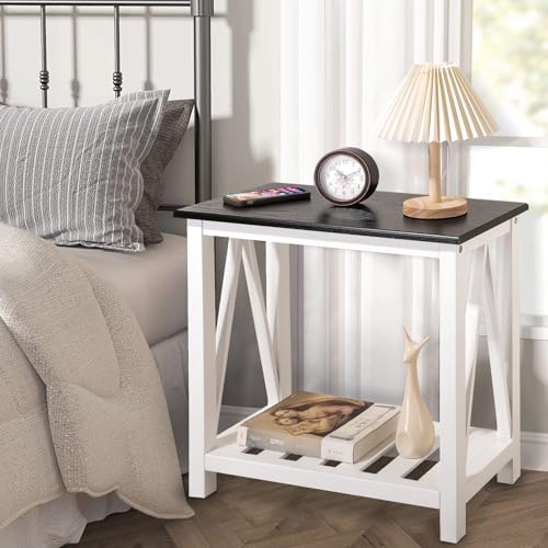 FEUFOAM Farmhouse Beistelltisch Holzrahmen Schmaler Beistelltisch mit Ablagen Schwarz Weiß Rechteckig Nachttisch Sofatisch für Couch, Kleine Räume, Wohnzimmer, Schlafzimmer – Bild 5