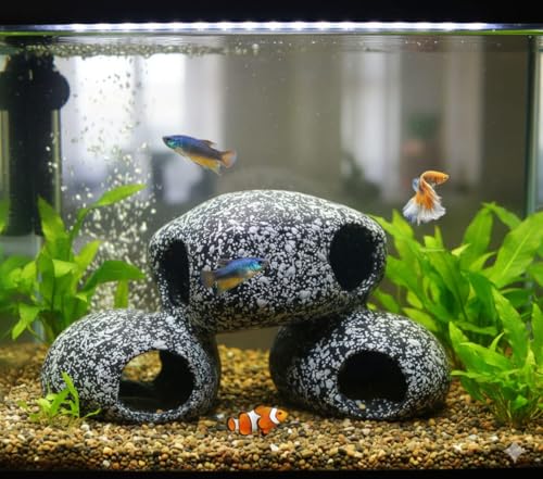 Image of Aquarium Rock Cave Decoration - Fish Tank Hideout Shelter with Multi Holes | Natural Stone Look Betta House for Aquarium Decor | Safe Resin Cave for Small Fish, Shrimp & Aquatic Pets