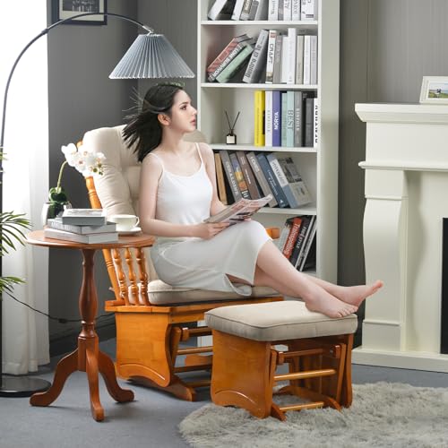 Image of Glider Rocker Nursery Chair with Ottoman Smooth Rocking Action Rustic Nursery Glider Rocker with Upholstery, Smooth Rocking Indoor Living Room Nursing Naptime Reading (Wood Color)