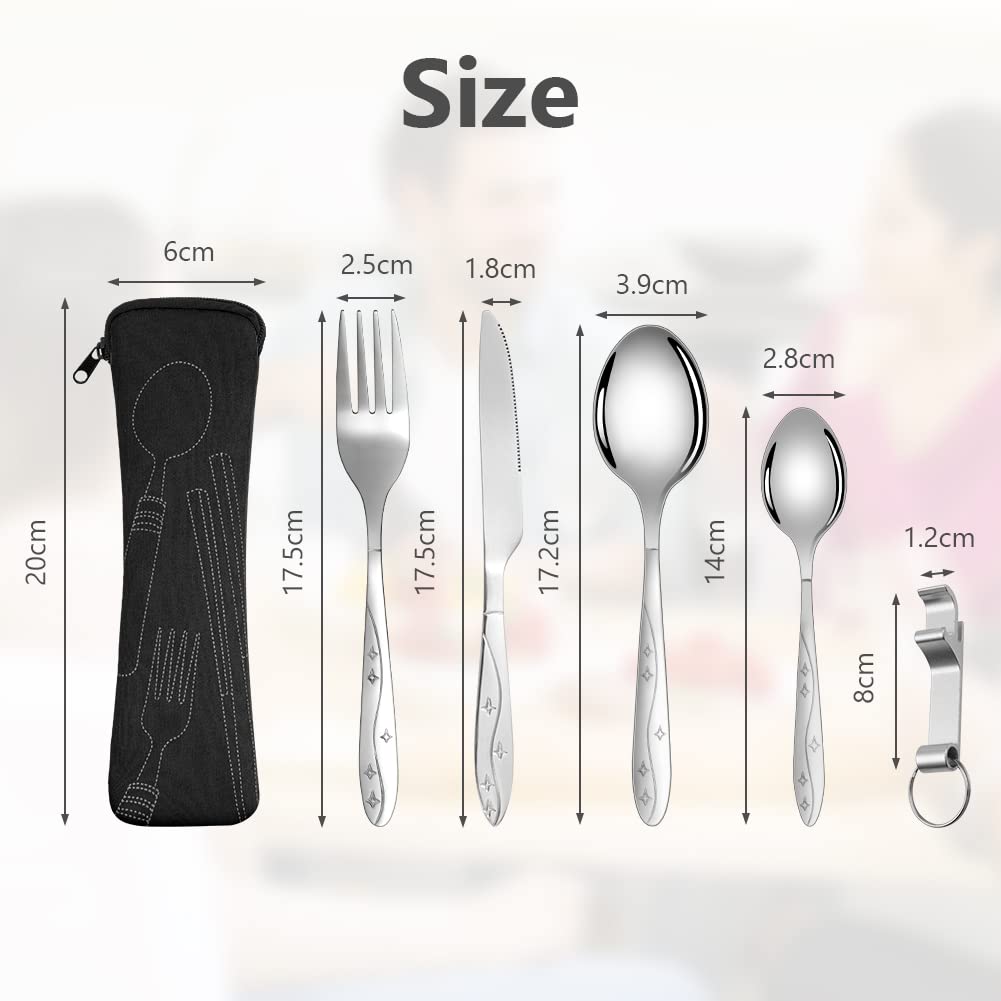 Vicloon Set di Posate con Custodia Portatile, 5 Pezzi in Acciaio Inossidabile con Apribottiglie, da Viaggio Coltello Forchetta Cucchiaio per Campeggio (Nero)