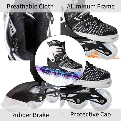 Image of Nattork Adjustable Inline Skates for Kids Boys & Girls, Blue Black Red with Light up Wheels, Youth Blade Roller Skating for Beginners Ages 3-15 (Black Knight-1, Medium(US 1-4Y) Big Kids)