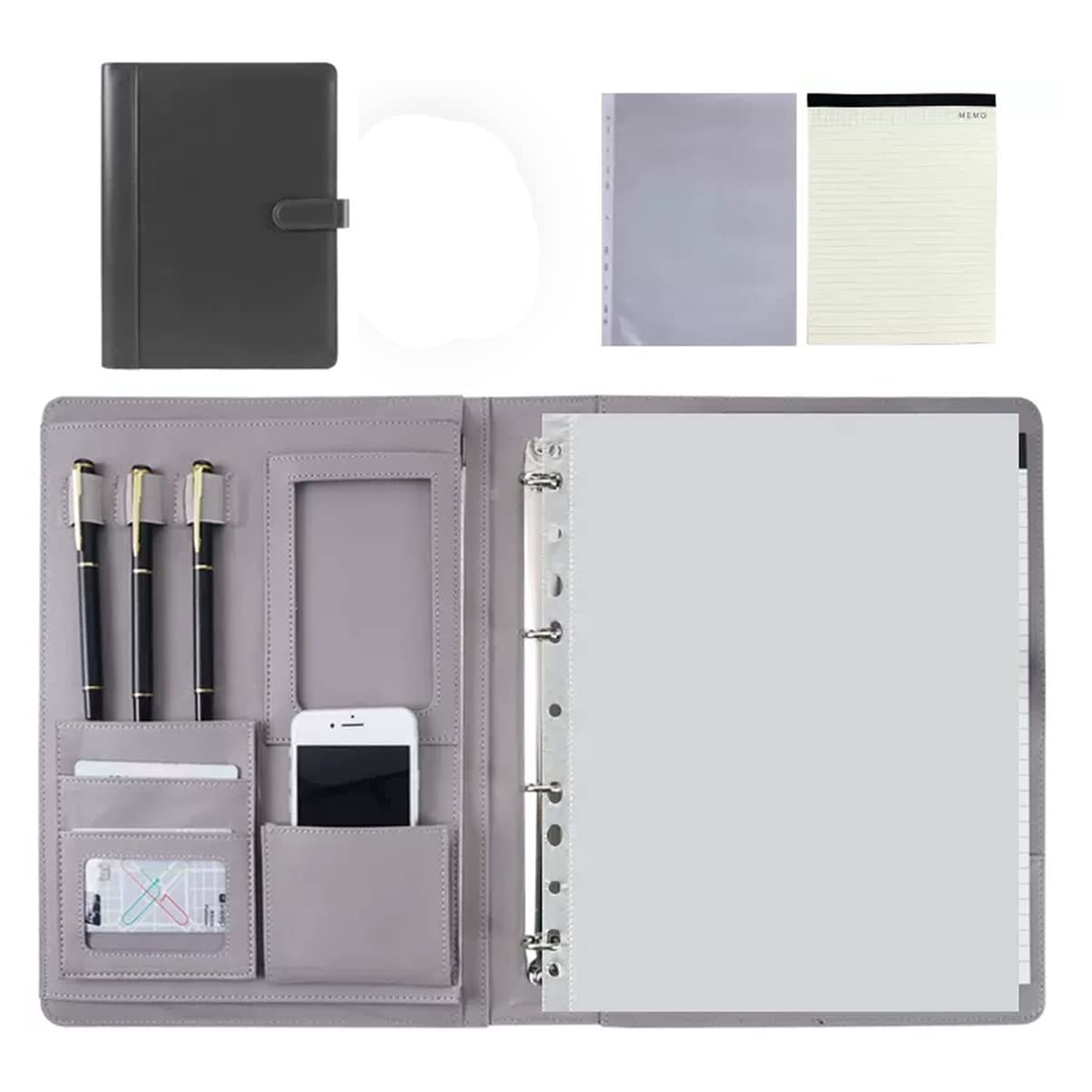 Teczka konferencyjna Organizer na dokumenty， Teczka A4 z schowkiem i miejscem do przechowywania, teczka konferencyjna A4 z segregatorem 4-ringowym(Dark Grey,8digit calculator)