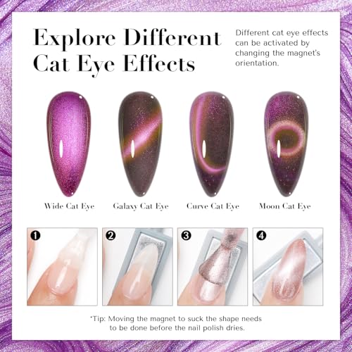 Image of AZUREBEAUTY Cat Eye Nail Polish Set Quick Dry Mooncat Glitter Holographic Purple Black Red 4 Colors Natural Fingernail with Top Coat DIY Salon Home no Gel