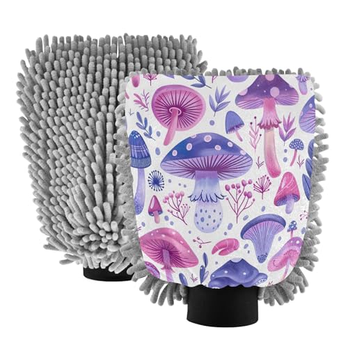 Flradish 2 Pack Watercolour Mushroom Car Wash Mitt Chenille Microfiber Lint-Free Scratch Free Ultra-Soft Absorbent Car Wash Mitt 10.2x7.09 Inch