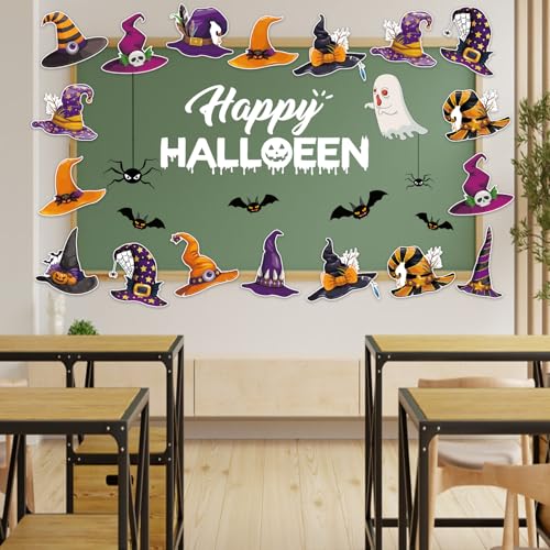 Image of 48 Pcs Halloween Cutouts, Cute Witch Hat Cutouts Halloween Bulletin Board Decorations Witch Hat Paper Cut-Outs for Home School Trick or Treat Party Chalkboard Wall Decor