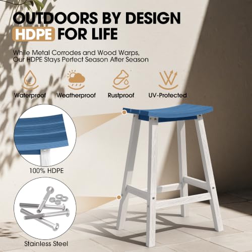 Image of Ciokea 2 Set 29 inch Outdoor Bar Stools, Heavy Duty HDPE Outdoor Stools Weatherproof Waterproof Patio Seats Modern Bar Height Tall BarStools for Bar Deck Balcony Yard, White and Navy Blue