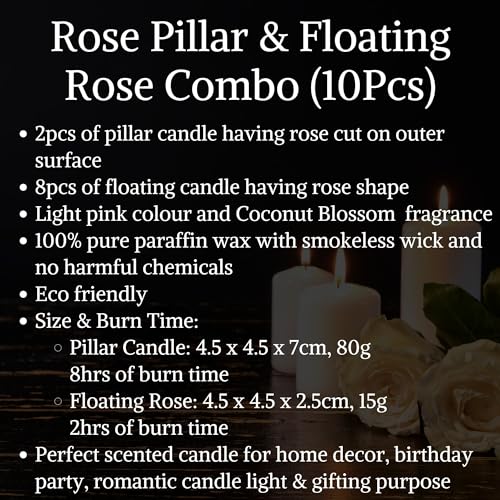 Image of Wax Scented Candles For Home Decor, Coconut Blossom Fragrance, Pillar And Floating Candles Combo, Pink Colour, Pack Of 10, 4 X 7 Cm