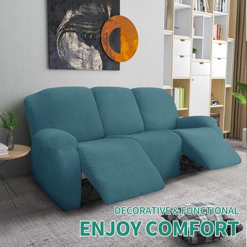 Image of YEMYHOM 8 Pieces Stretch Recliner Sofa Cover Jacquard Reclining Couch Cover with Side Pocket Anti-Slip Fitted 3 Cushion Furniture Slipcovers with Elastic Bottom (Recliner Sofa, Peacock Blue)