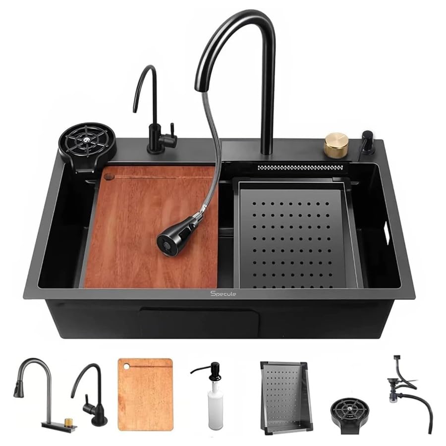 Image of Kitchen Sink 24x18x9 inch Waterfall Sink with Anti Scratch Honeycomb Design | Integrated Waterfall and Pull-down Faucet Set | Stainless Steel Basin Sinks with Cup washer and Drain Baskets