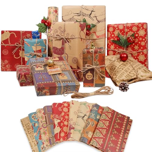 12 Sheets Christmas Wrapping Paper - 70x50cm Thick Kraft Gift Wrap Set with 10m Jute Twine & 10 Tags - 10 Rustic Designs (Reindeer Snowman Typography) - Recyclable Folded Paper for Xmas Presents