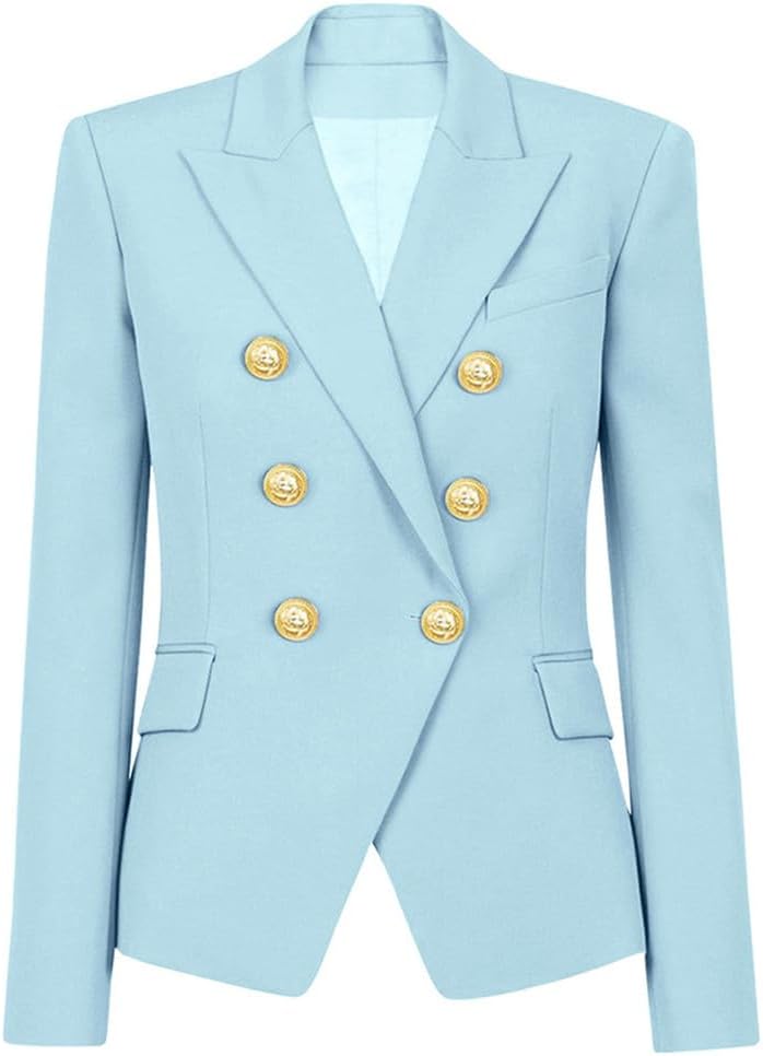 Women Double Breasted Blazer Elegant Office Lady Jacket Notched Collar Long Sleeve Formal Coat