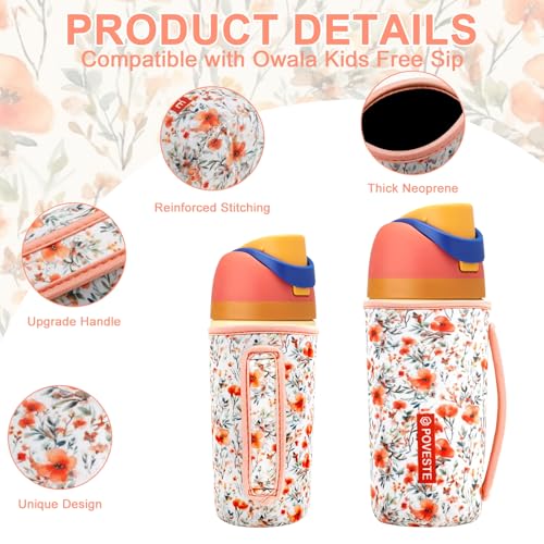 Image of Water Bottle Sleeve with Handle for Owala Kids FreeSip 16 oz, Water Bottle Scratch Resistant Sleeve, Neoprene Cover Compatible with Owala 16 oz for Boys Girls to School Travel (Flower Power)