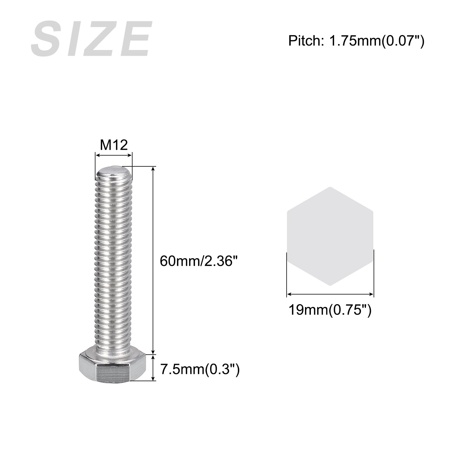 METALLIXITY Hex Bolts (M12-1.75x60mm) 4Pcs, 304 Stainless Steel Coarse Fully Threaded Hex Head Screw Bolt Machine Screws - Image 2