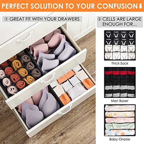 3 Pack Bra Underwear Drawer Organizer Dividers, 26 Cell Fabric Foldable Dresser Closet Organizers And Storage Boxes For Baby Clothes, Bra, Socks, Underwear, Ties (5+5+16 Slots, Black) #TOP3