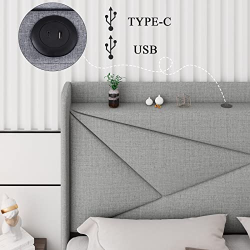 Ipormis King Size Upholstered Platform Bed Frame With Storage Shelf And Type C & Usb Ports,Geometric Bed Frame With Wingback Headboard,Wood Slats, Noise-Free, No Box Spring Needed, Light Gray #TOP4
