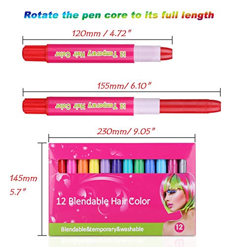 Hair Chalk Pens,Tiaoyeer 12 Colors Temporary Kids Hair Chalk Salon, Non-Toxic Washable Hair Dye Colors for Halloween Christmas Birthday Party, Cosplay, Concert (12 Colors) - Thumbnail 2