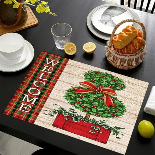Manteles Individuales Árbol De Navidad Salvamanteles Individuales Mesa Juego De 8 Manteles Individuales Lavables Antimanchas Antideslizante Resistente Al Calor Bajoplatos Lino 45X30Cm