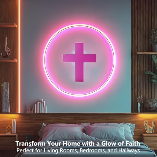 Image of Anrookie 3D LED Neon Cross Sign 9 x 8 in, USB-Powered Custom Neon Light with 5-Level Dimmer, 5 Color Options, Decorative Wall Art for Home, Bedroom, Church, Party, and Gifts (Blush Pink)