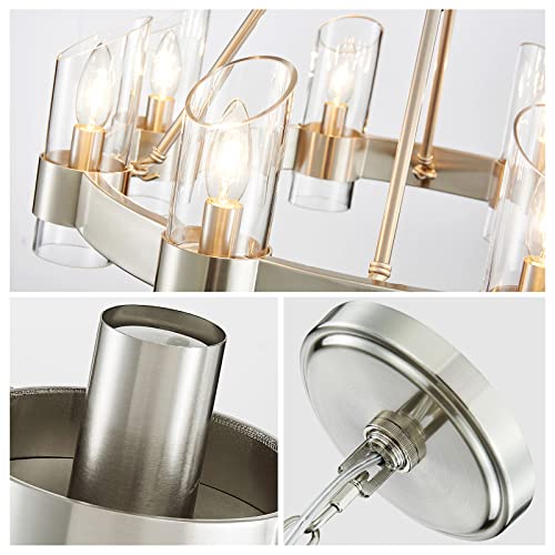 Image of WUZUPS Wagon Wheel Chandelier 8-Light with Clear Glass Industrial Modern Farmhouse Round Light Fixture for Dining Room Kithen Island Foyer, Width 26 inch Height 22 inch, Nickel