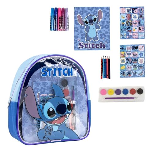 Maletín Stitch en mochila transparente Kit creativo con crayones, lápices de colores, acuarelas, stickers y bloc para colorear – Mochila Stitch infantil ideal para pintar, dibujar y regalar