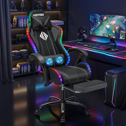 Image of Gaming Chair Massage with LED RGB Lights and Footrest Ergonomic Computer Chair High Back Video Game Chair with Adjustable Lumbar Support Linkage Armrest Grey and Black