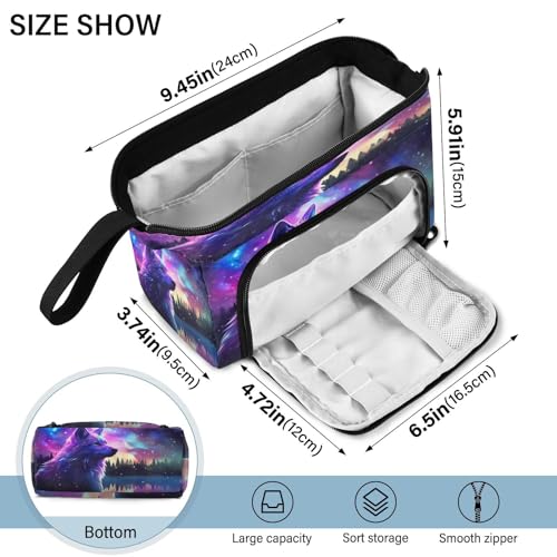 Image of Watercolor Galaxy Stars Wolf Pencil Case Pouch Big Capacity Pencil Bag Box Organizer Pen Case with Zipper Pencil Cases for Girls Boys Women Kids Adults School
