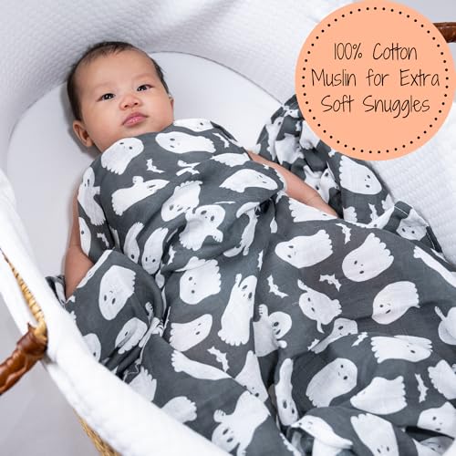 Image of LollyBanks Muslin Swaddle Blankets, 100% Cotton Baby Swaddle for Newborn Boys and Girls, Soft and Breathable 47 x 47 Inches Infant Blanket, Baby Registry Must Haves (Cute Ghost Halloween Print)
