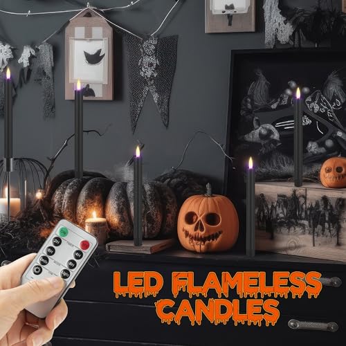 Image of Black Flameless Taper Candles with Remote, 9.6 inch Halloween Battery Operated Candles 3D Wick, 3 Pack Real Wax Led Candlesticks Flickering Electric Candle for Halloween, Home, Party Decor