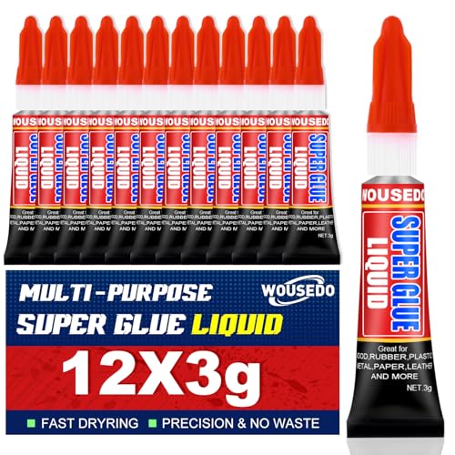 WOUSEDO 12 X 3g Super Glue Liquid, Clear Strong Adhesive,Fast Drying Cyanoacrylate Glue for Wood,...
