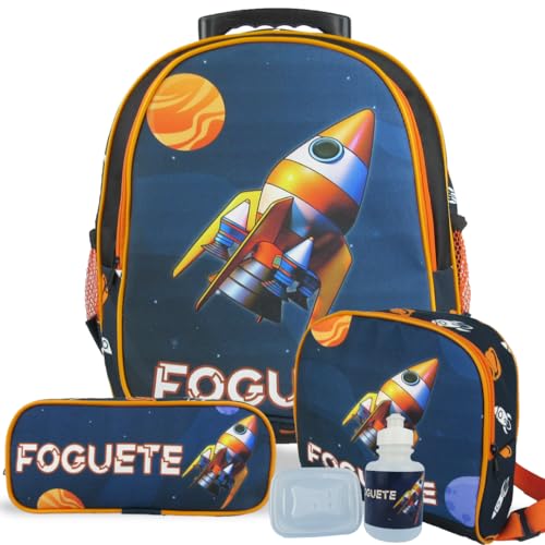 Kit Mochila Foguete Espacial Com Rodinhas Tam M com Lancheira e Estojo