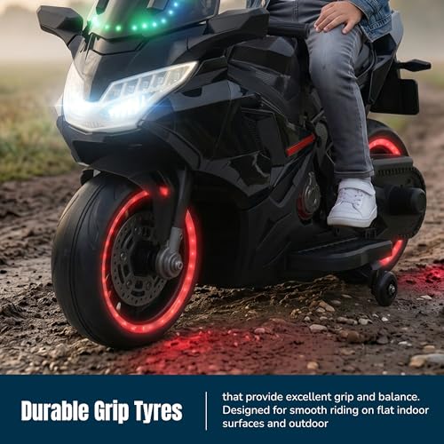 Image of Baybee BoltX Electric Bike for Kids 3+ Years | Baby Rechargeable Battery Bike with Training Wheels, Hand Accelerator, Foot Brake, Led Lights & Music | Battery Operated Bike for Kids to Drive (Black)