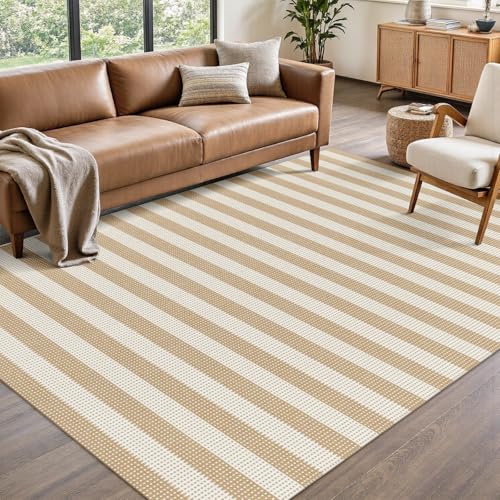 Rugalia Washable Woven 5x7 Area Rug, Khaki Striped Cotton Living