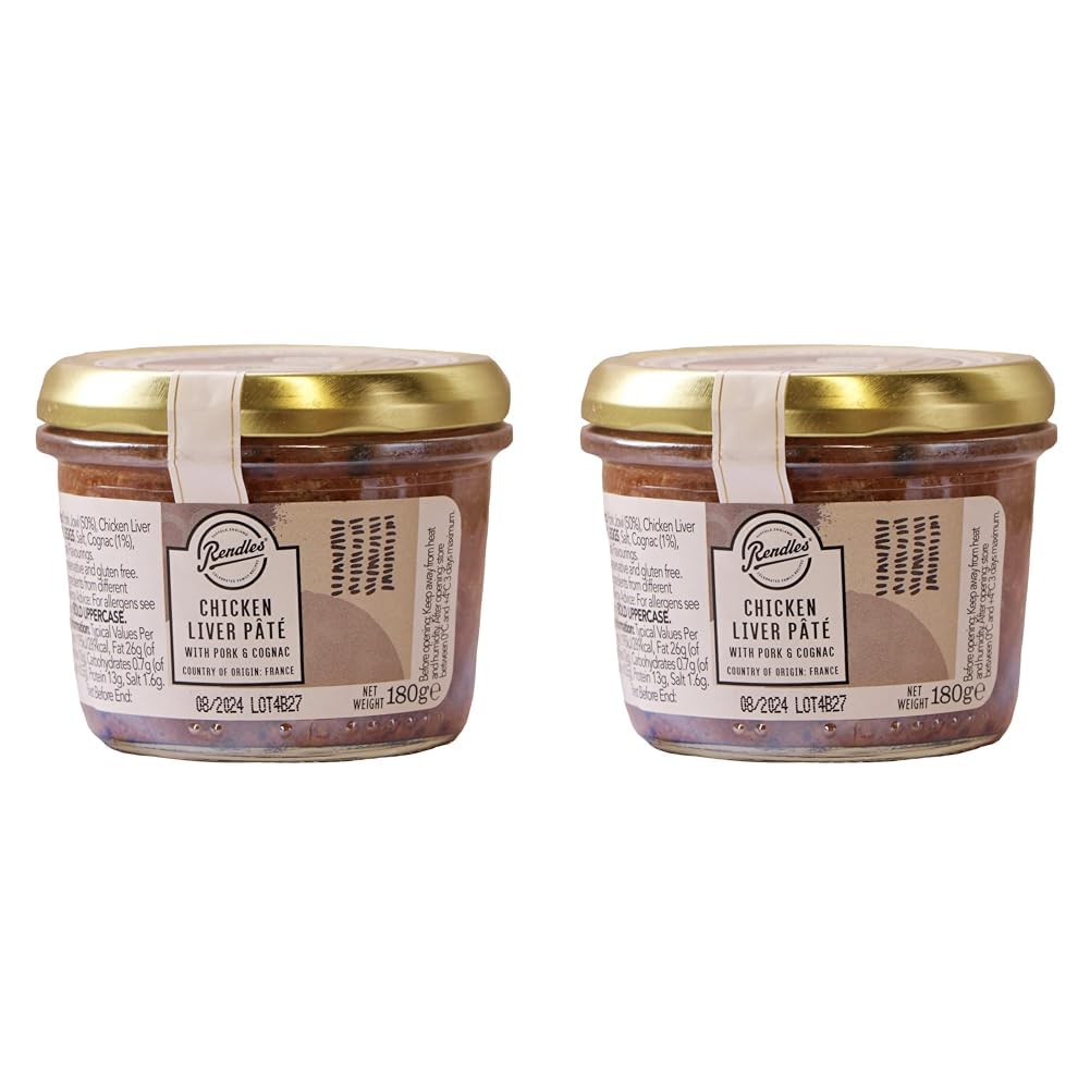RendlesChicken Liver & Cognac Pate (180g) Artisan Authentic Coarse Cut Pork & Chicken Livers, Rich Infusion of Cognac, Gluten Free, No Colouring Agents, No Preservatives, Idea Gift (Pack of 2)